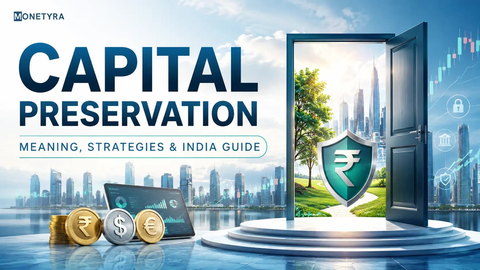 Illustration of a protective shield safeguarding investment capital certificates next to a bank vault and RBI regulatory seal.