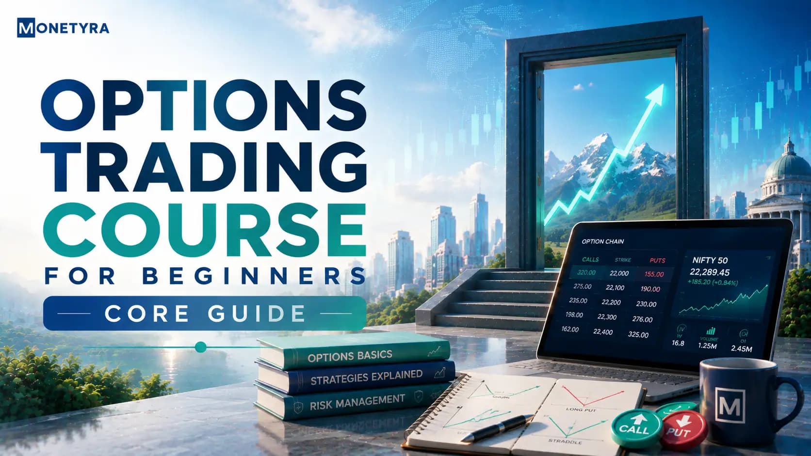 Trader evaluating an options trading course for beginners on a laptop.
