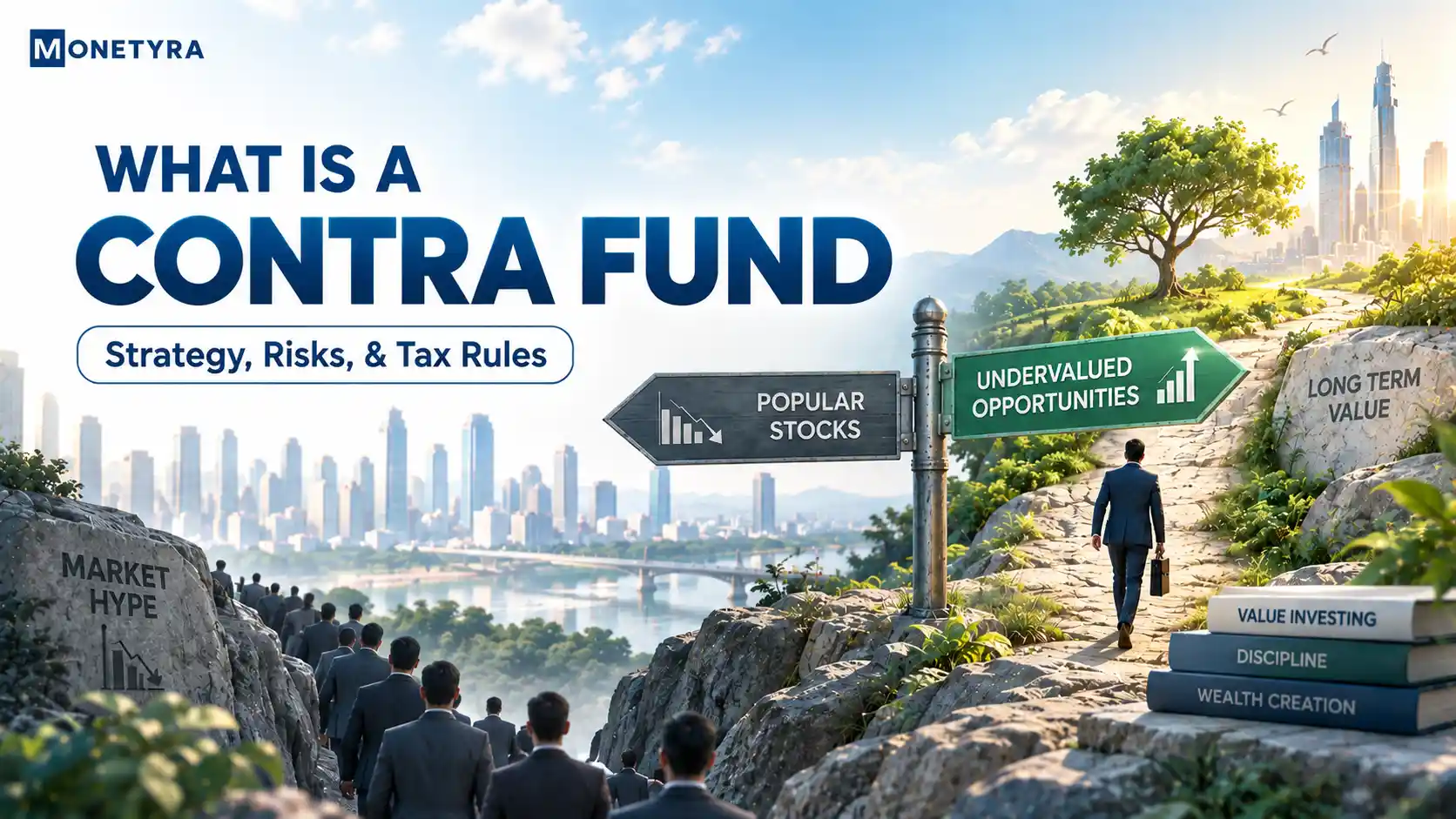 Conceptual illustration of contrarian investing and contra mutual funds in India.
