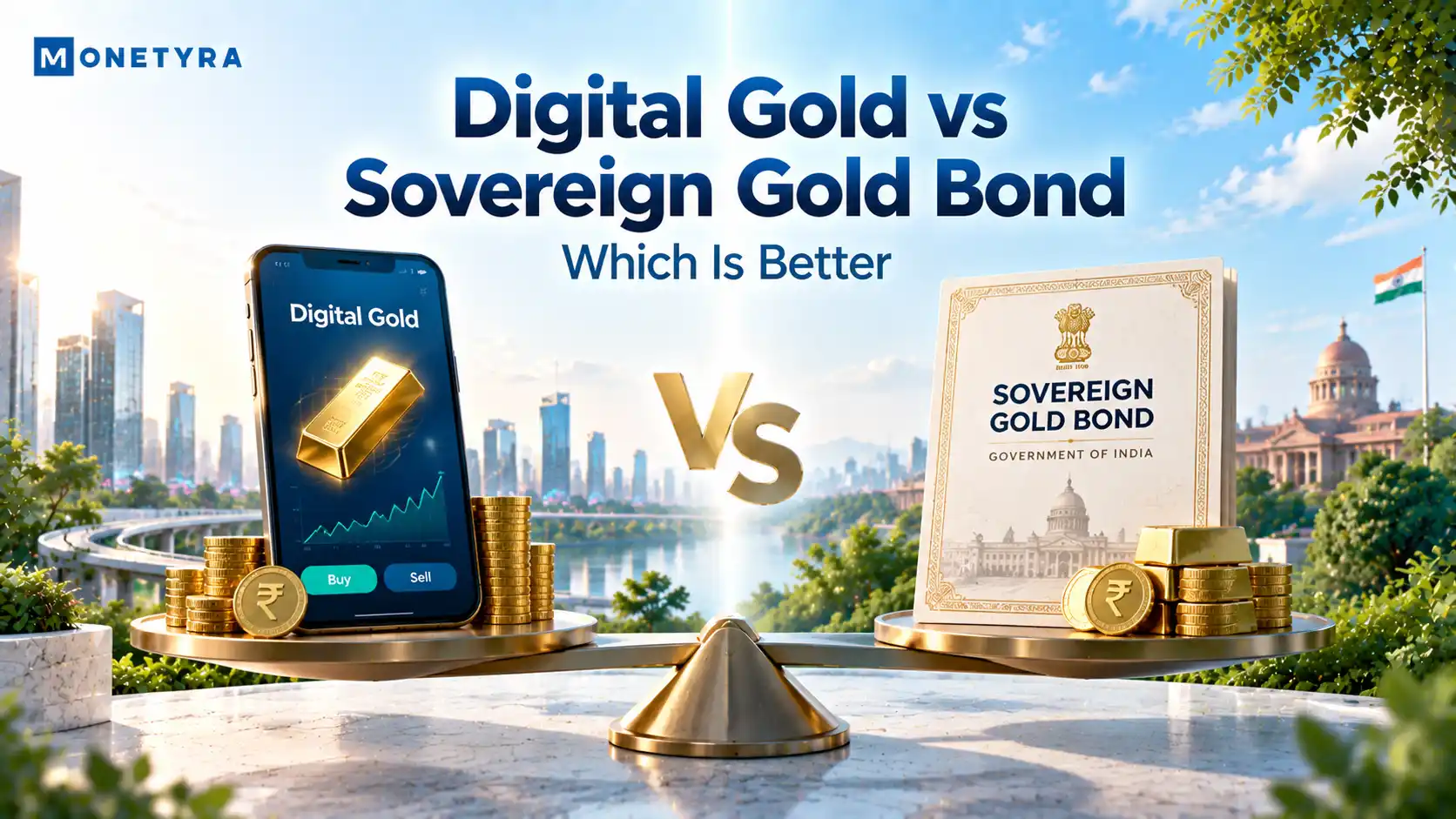 Digital Gold versus Sovereign Gold Bond investment comparison illustration.