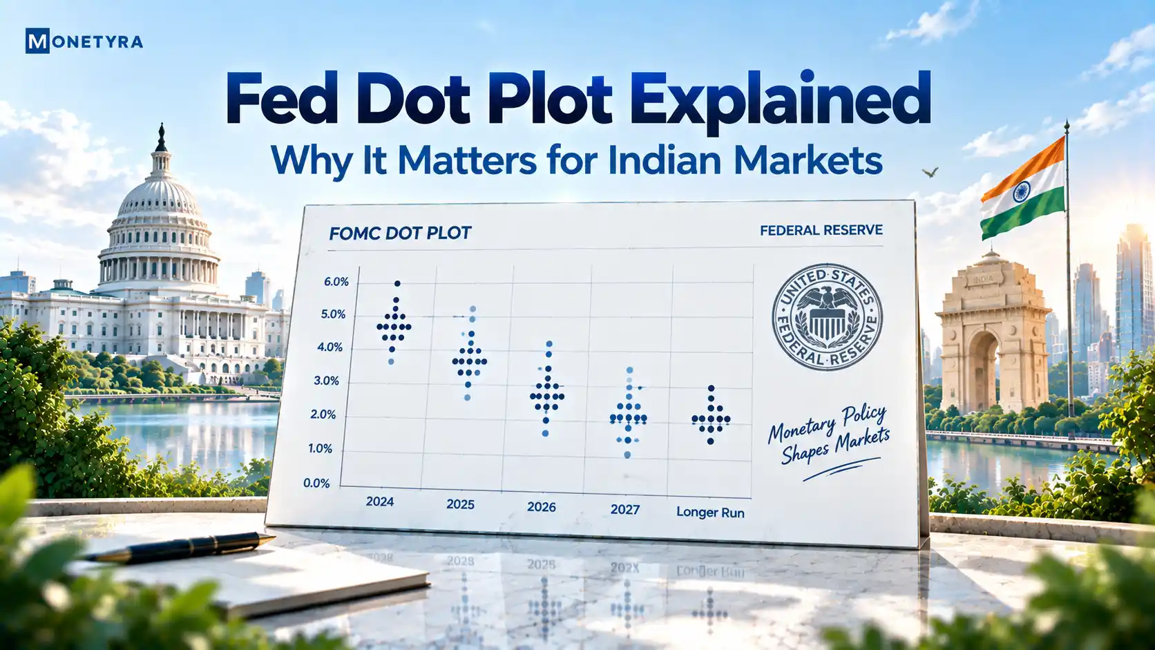 Conceptual diagram showing the FOMC Fed dot plot interest rate projection grid.