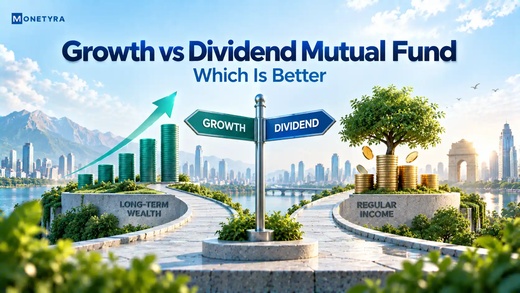Conceptual illustration explaining growth vs dividend mutual fund options in India.