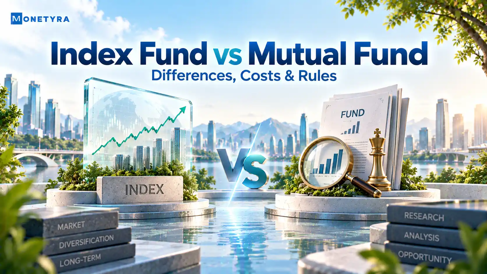 Conceptual illustration comparing index fund vs mutual fund investment structures.