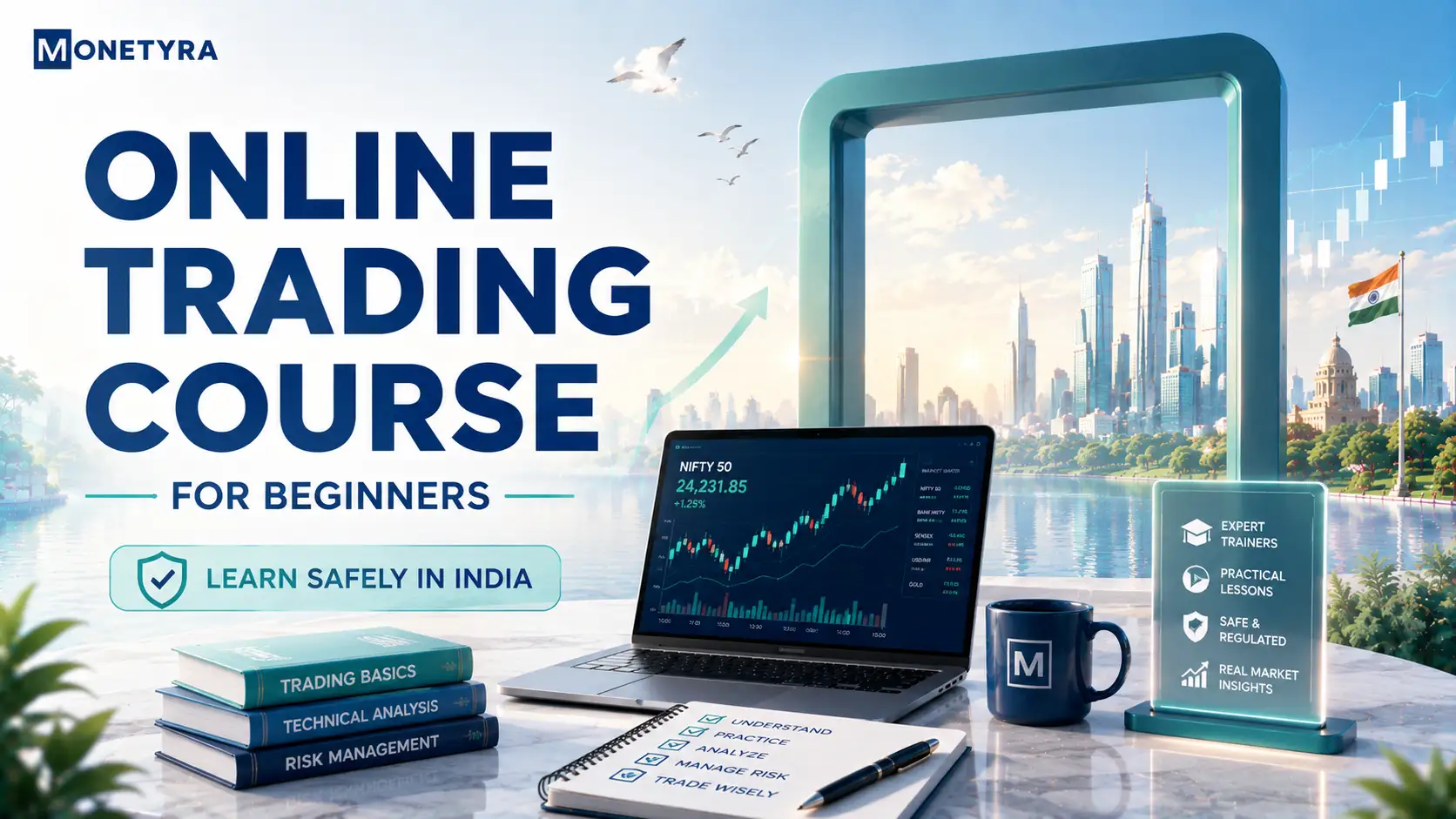 Student reviewing an online trading course for beginners on a laptop in India.