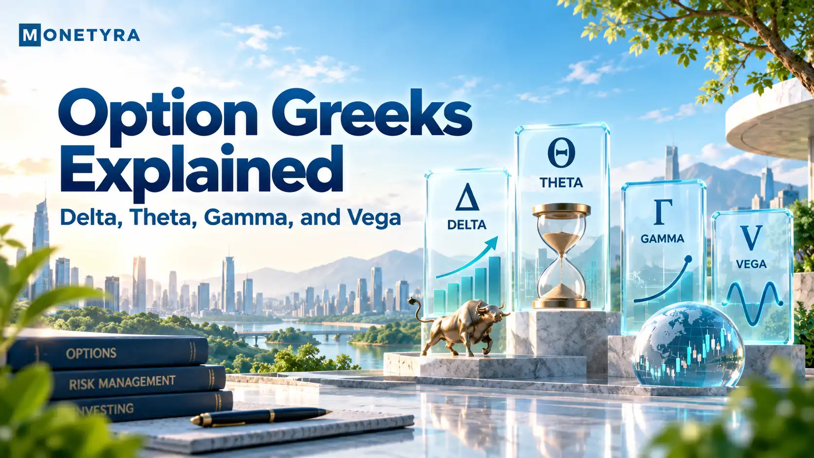 Illustration of four main Option Greeks symbols for derivative trading.