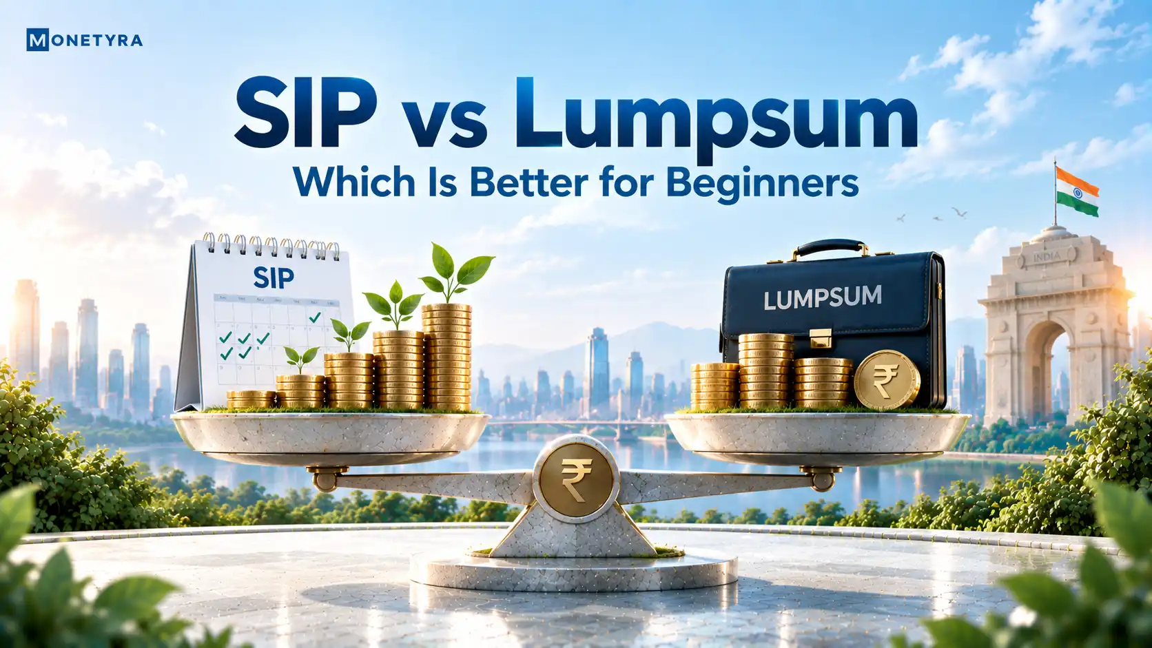Conceptual illustration comparing SIP vs lumpsum mutual fund investing in India.