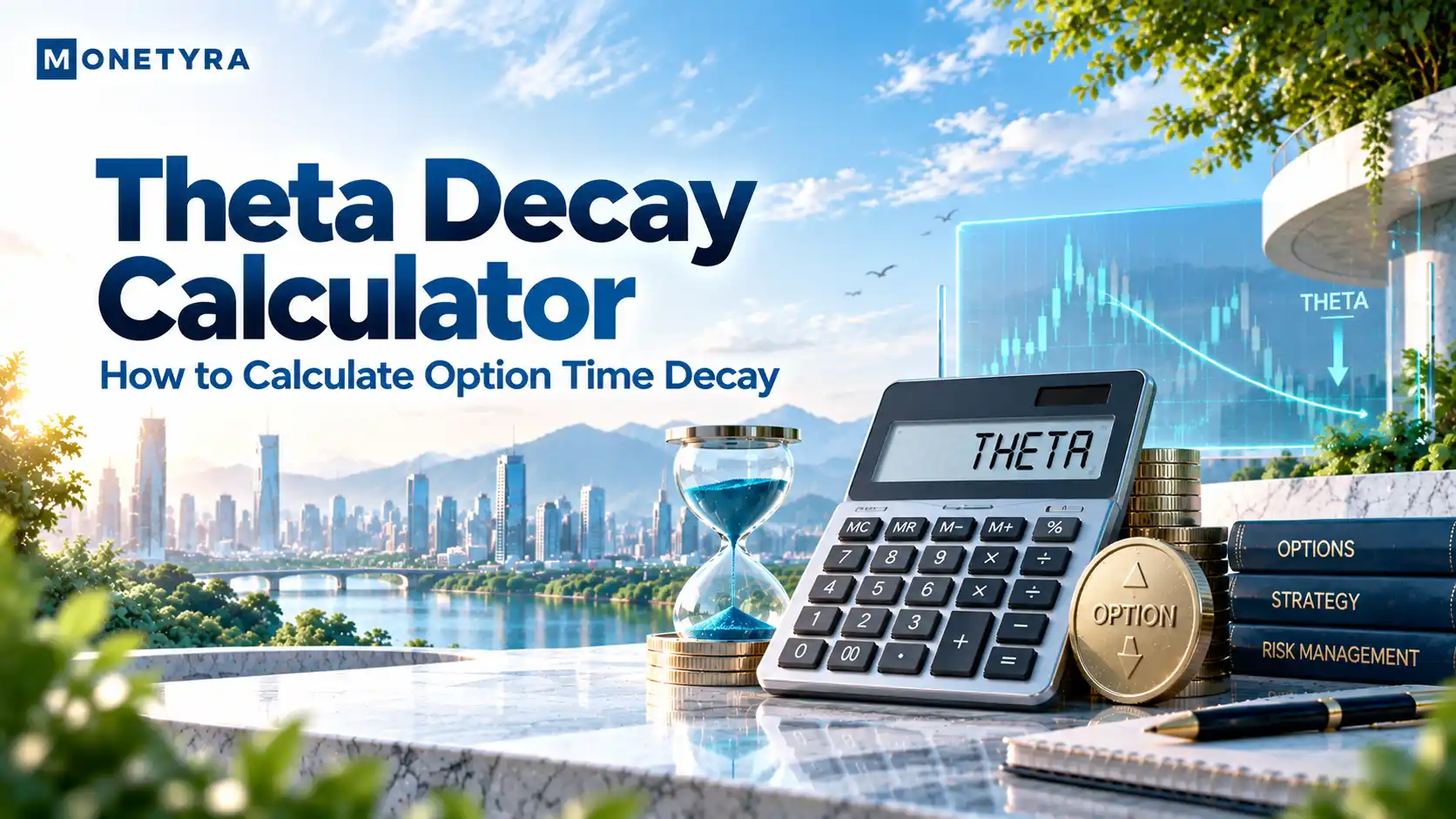 Option theta decay calculator concept illustration showing time decay curve.