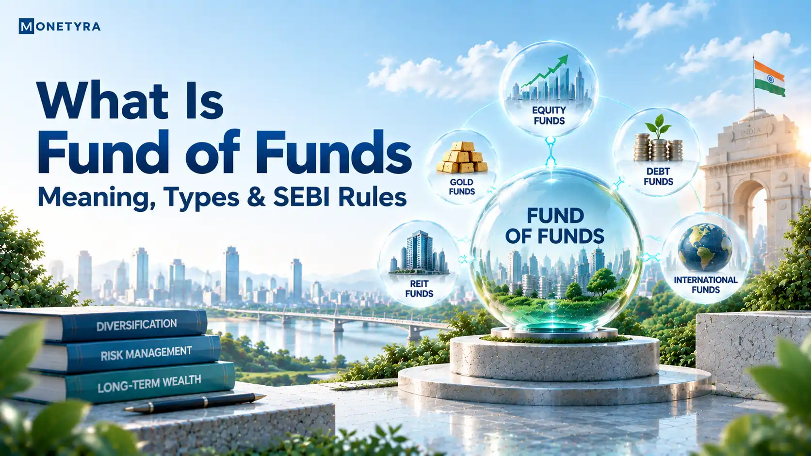 Conceptual illustration of a Fund of Funds structure and mutual fund investing in India.