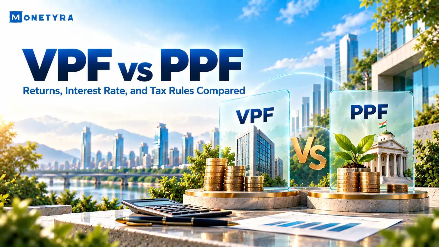 Comparison vector illustrating VPF vs PPF investment features, tax rules, and compounding returns.