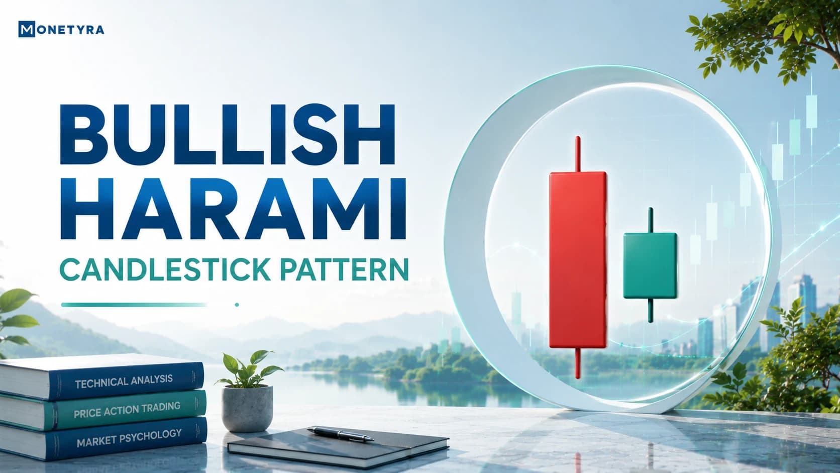 Chart illustration showing a bullish harami candlestick pattern forming at a key support level.