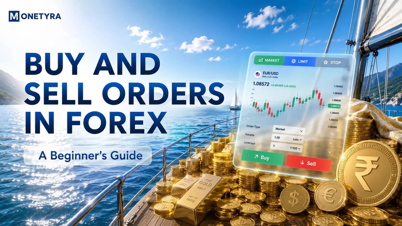 Forex trading mobile app interface showing buy and sell order buttons with live EUR/USD price chart.
