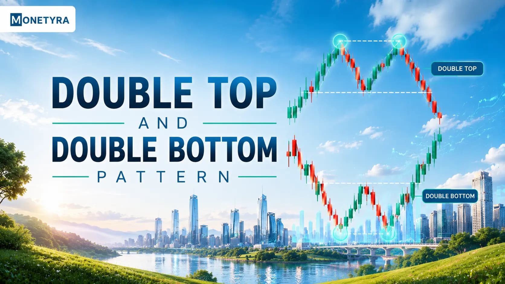 Chart illustration showing double top and double bottom pattern setups with neckline breakouts.