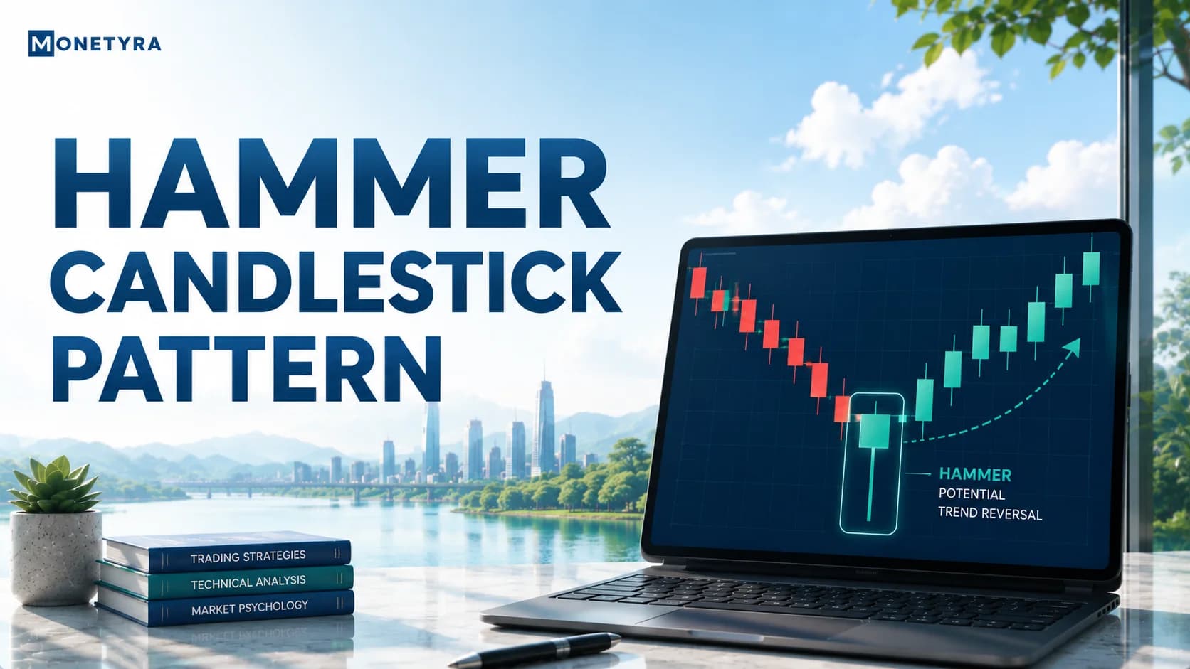 Chart illustration showing a bullish hammer candlestick pattern forming at market support.