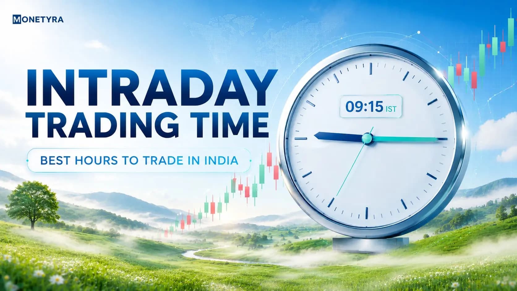 Stock chart with clock showing market open hours for intraday trading in India.