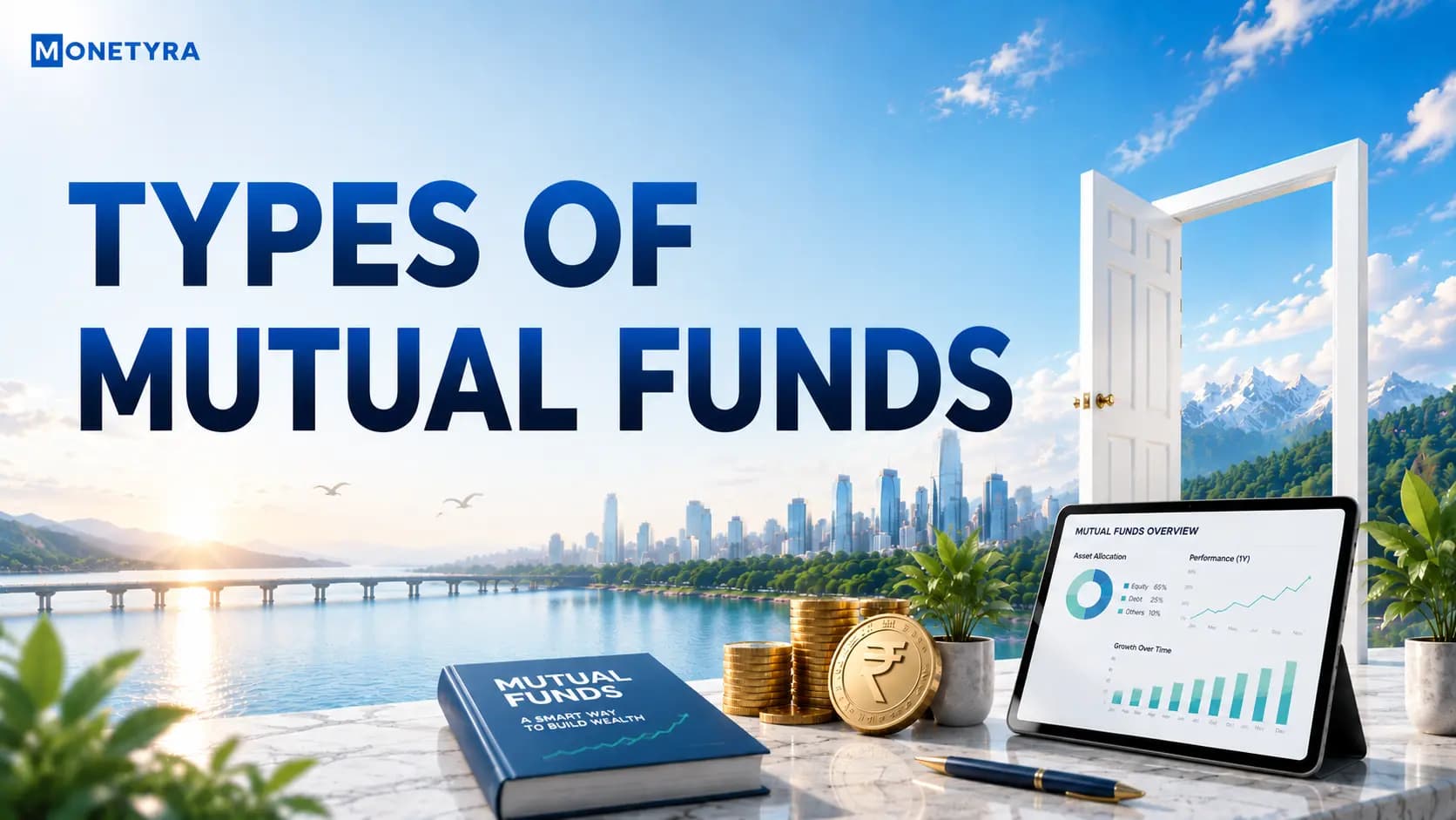 Diversified mutual fund portfolio with equity, debt, and hybrid assets representing different types of mutual funds.