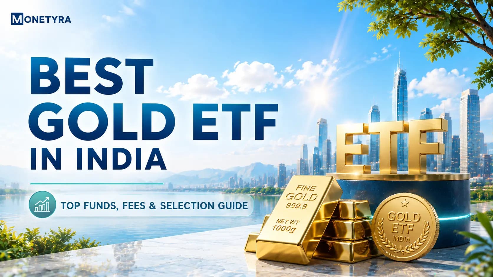 Gold ETF investment concept showing physical gold bars next to a digital trading tablet.