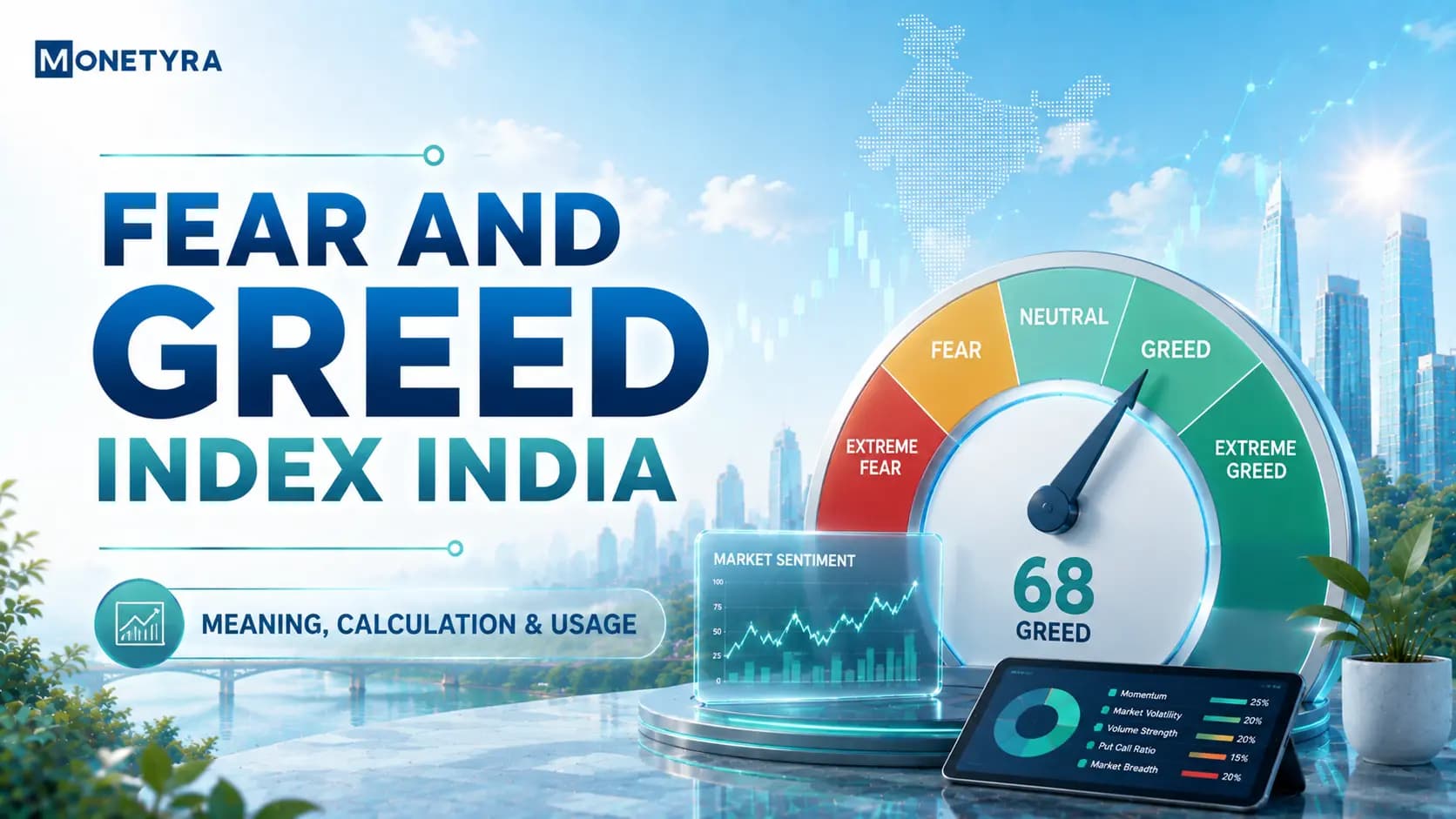 Stock market trader watching fear and greed sentiment gauge display next to Nifty 50 equity charts.