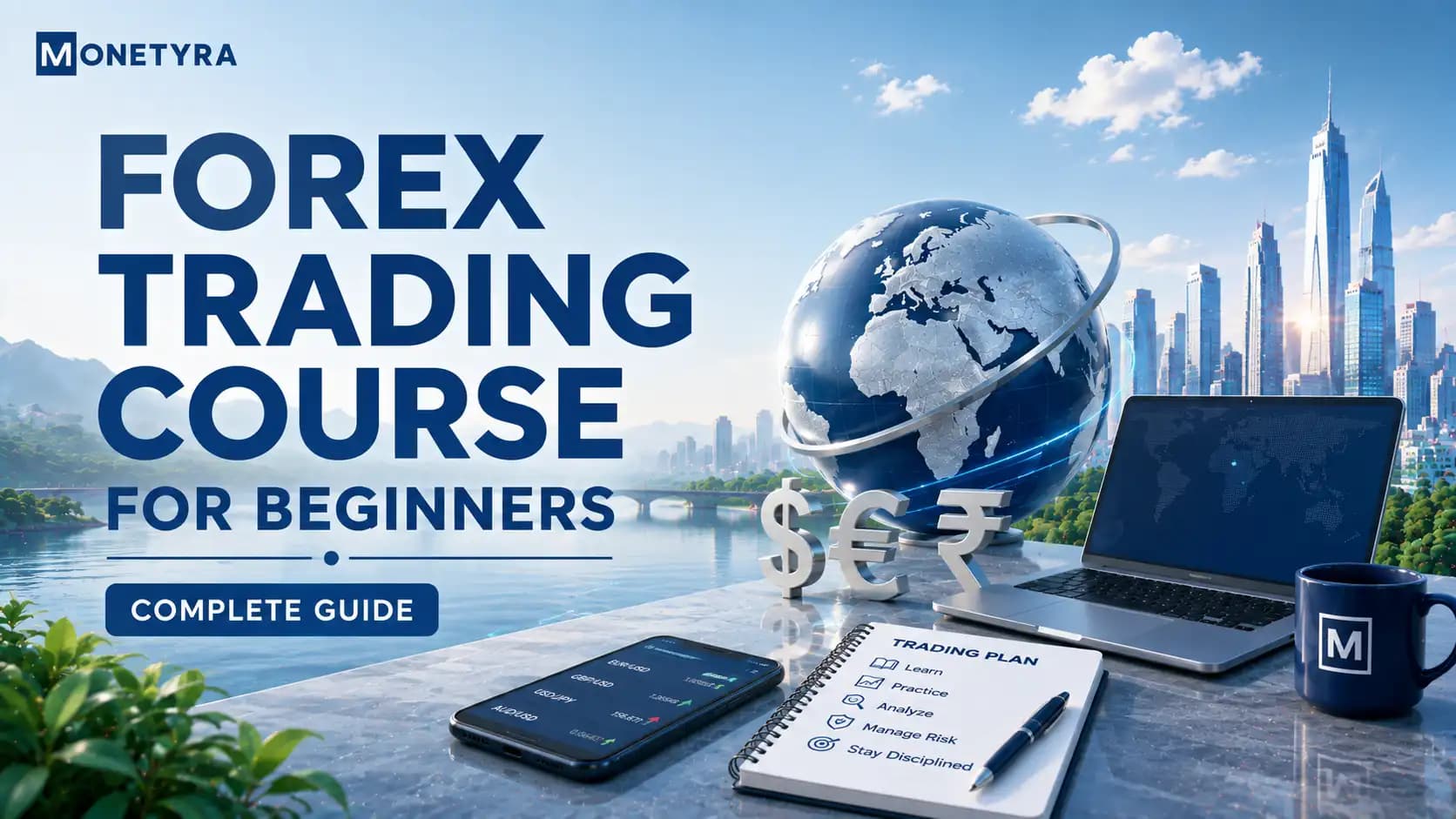 Student reviewing currency pair charts and order rules in a forex trading course for beginners.
