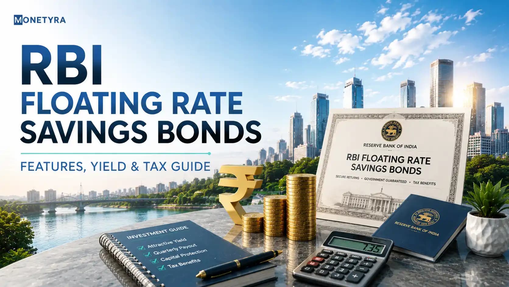 Illustration of an Indian retail investor reviewing RBI sovereign bond ledger statements, interest schedules, and tax documents.