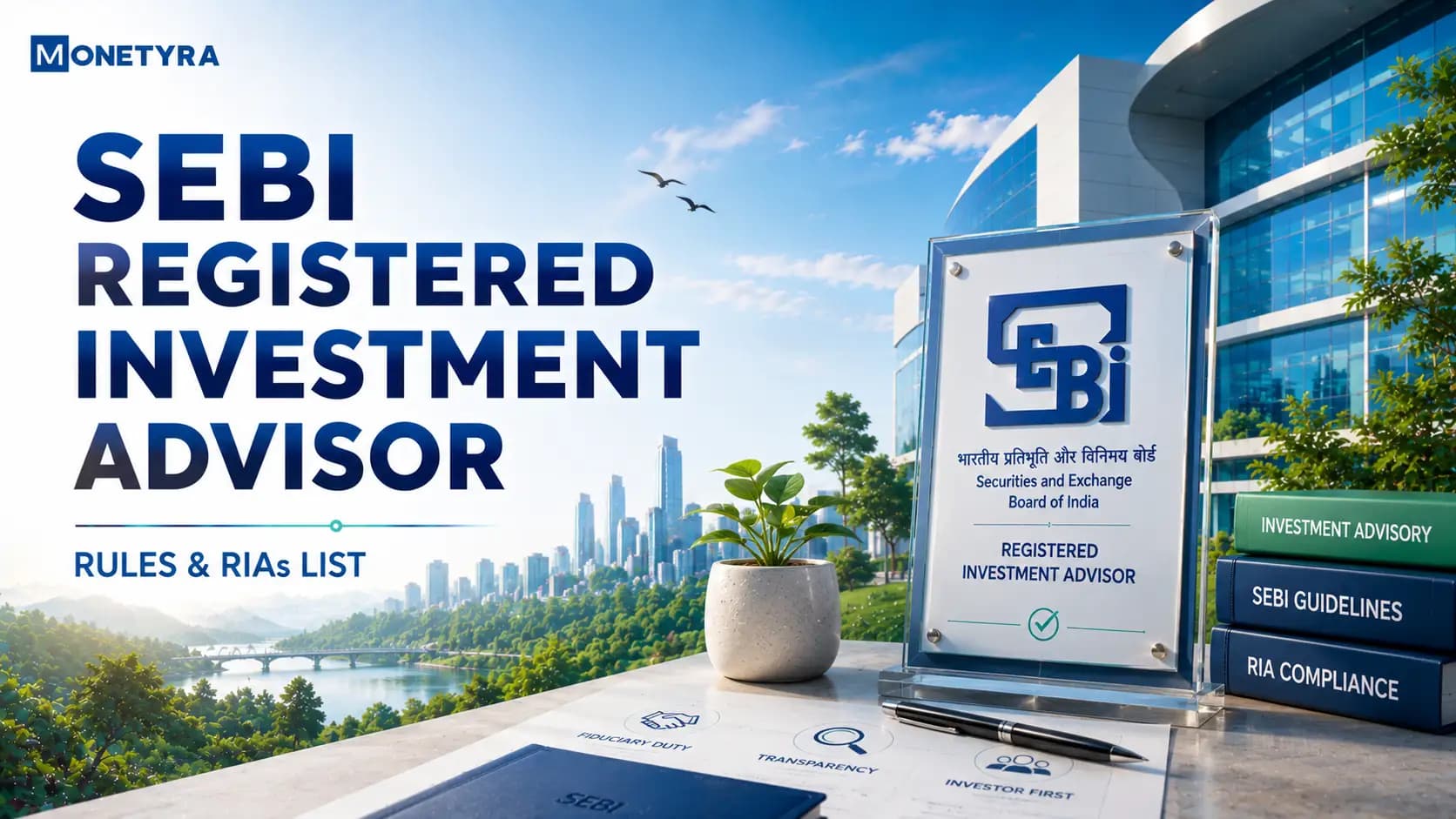 Illustration of a trusted financial advisor explaining a portfolio plan to an investor with a SEBI verified checkmark shield.