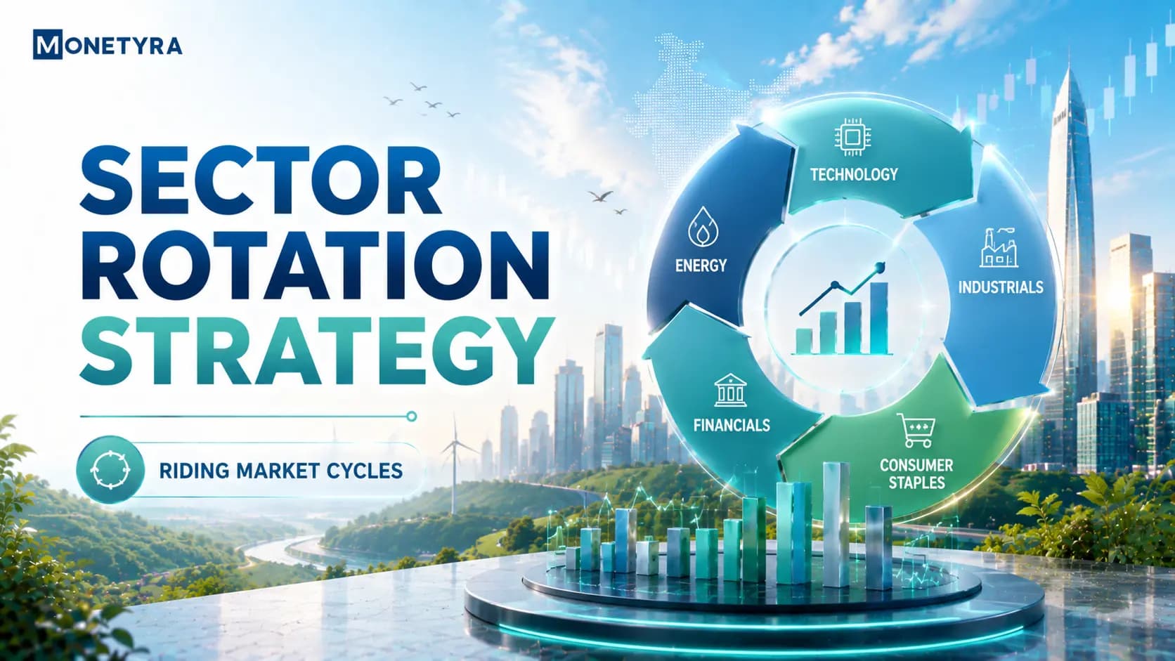 Institutional stock trader analyzing macroeconomic business cycle trends and sectoral stock allocation charts on multiple screens.