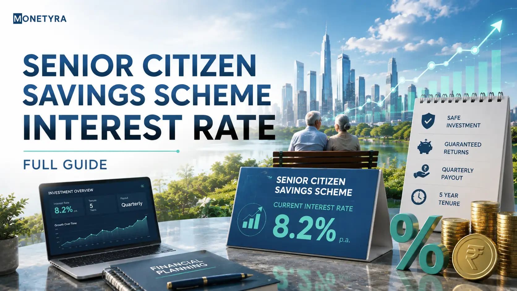 Illustration of an Indian retiree analyzing fixed-income passbooks, interest schedules, and tax sheets.