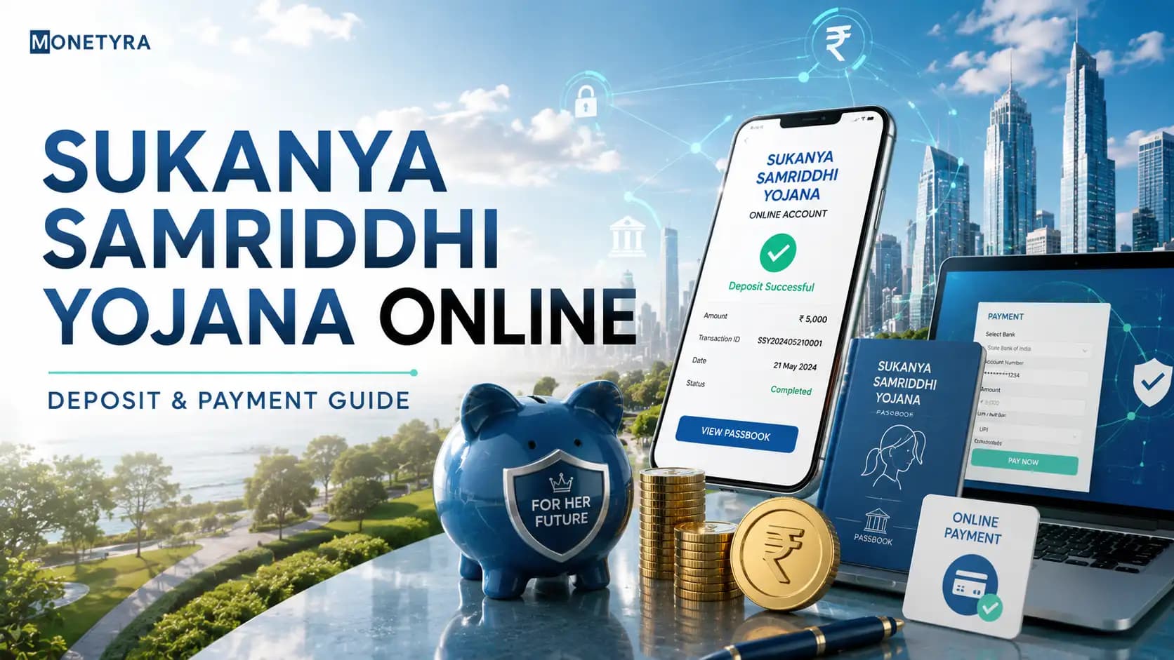 Illustration of an Indian parent making a Sukanya Samriddhi Yojana online payment using a mobile banking application near a post office building.