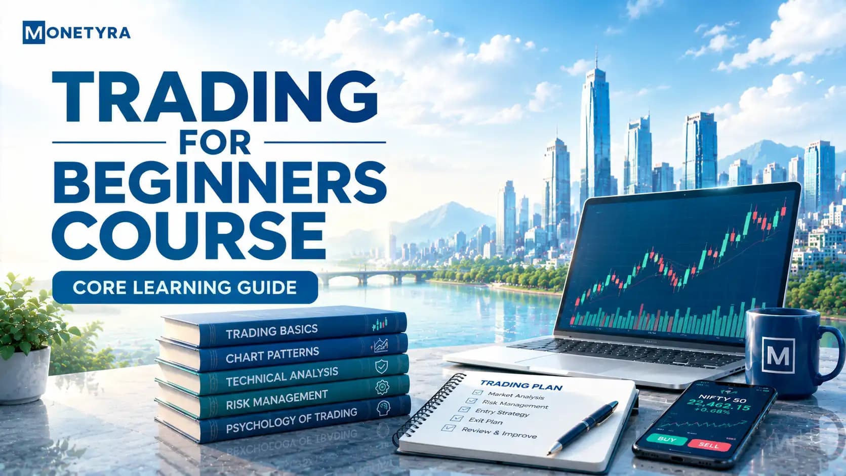 Student studying technical charts and execution rules in a trading for beginners course.