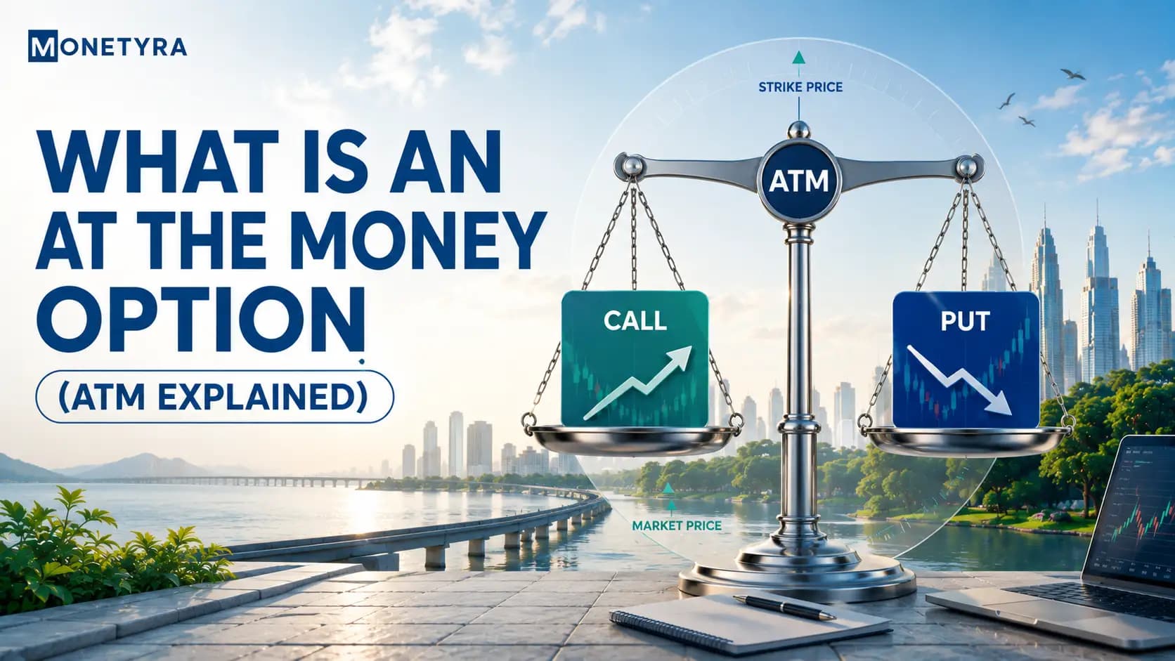 A visual guide explaining the at the money option concept, where the strike price meets the current market price.