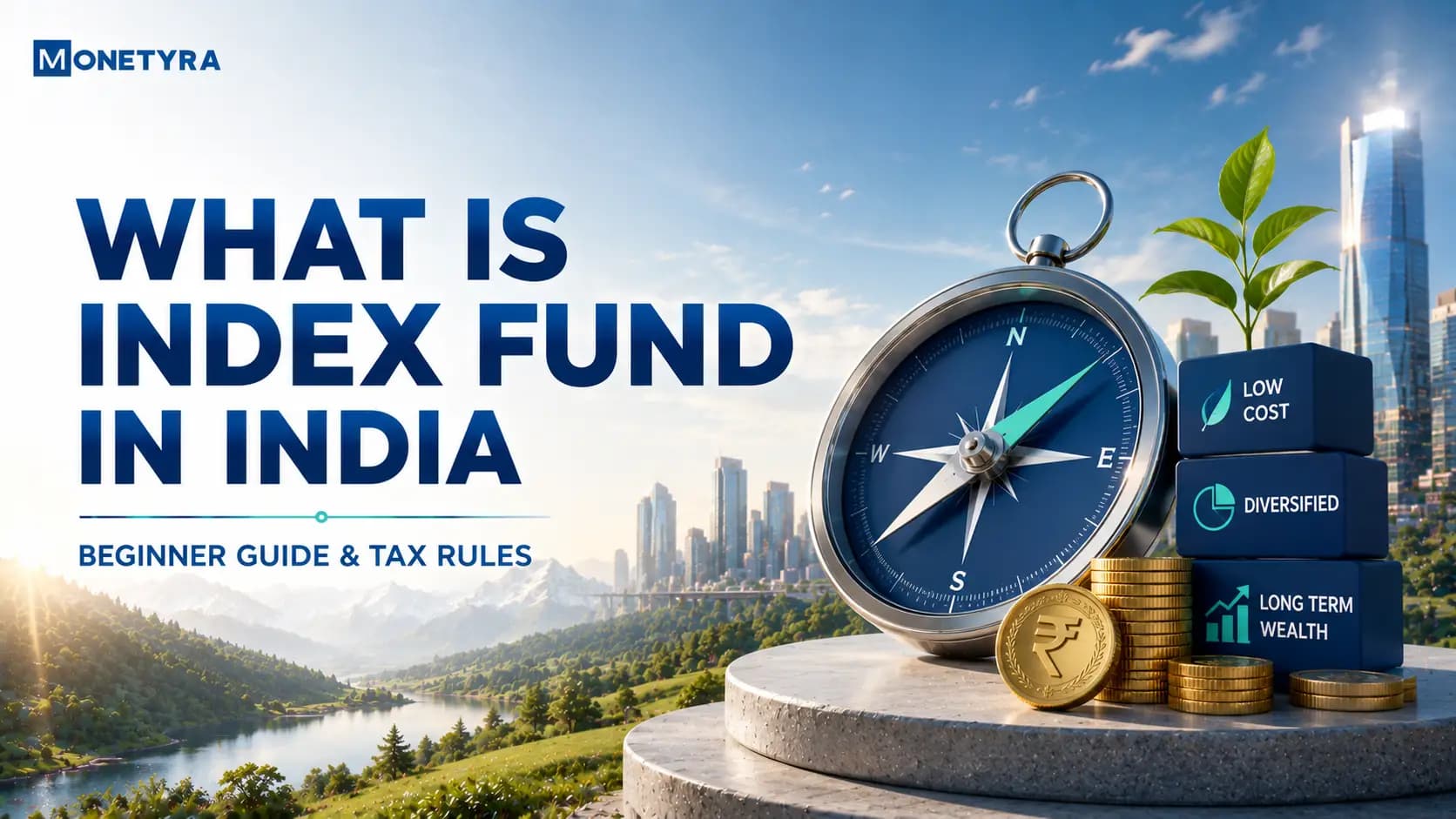 Illustration of a balanced scale weighing a Nifty 50 index basket against a growing mutual fund portfolio.