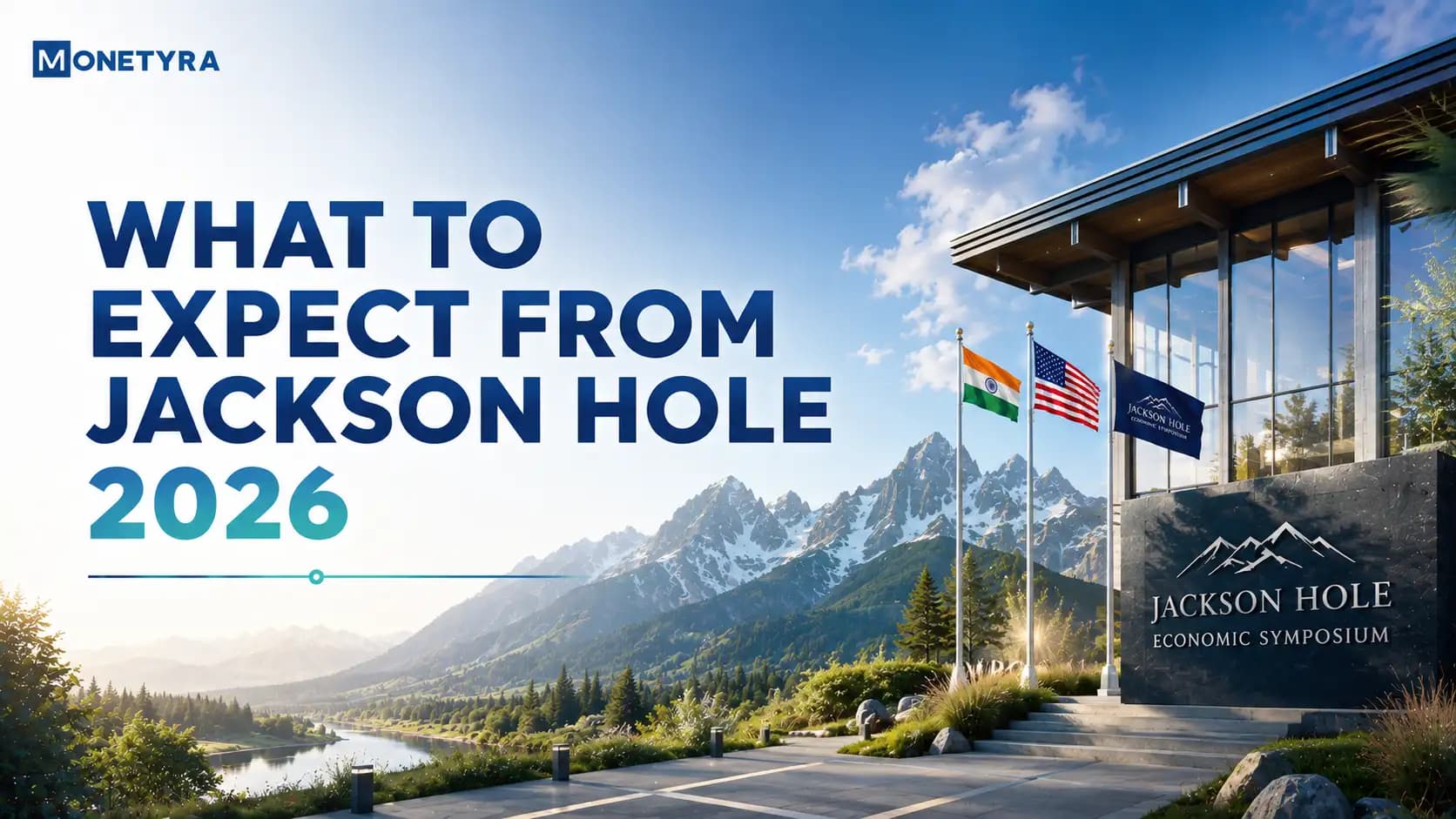 Jackson Hole Economic Policy Symposium venue featuring central bank delegates and mountain scenery.