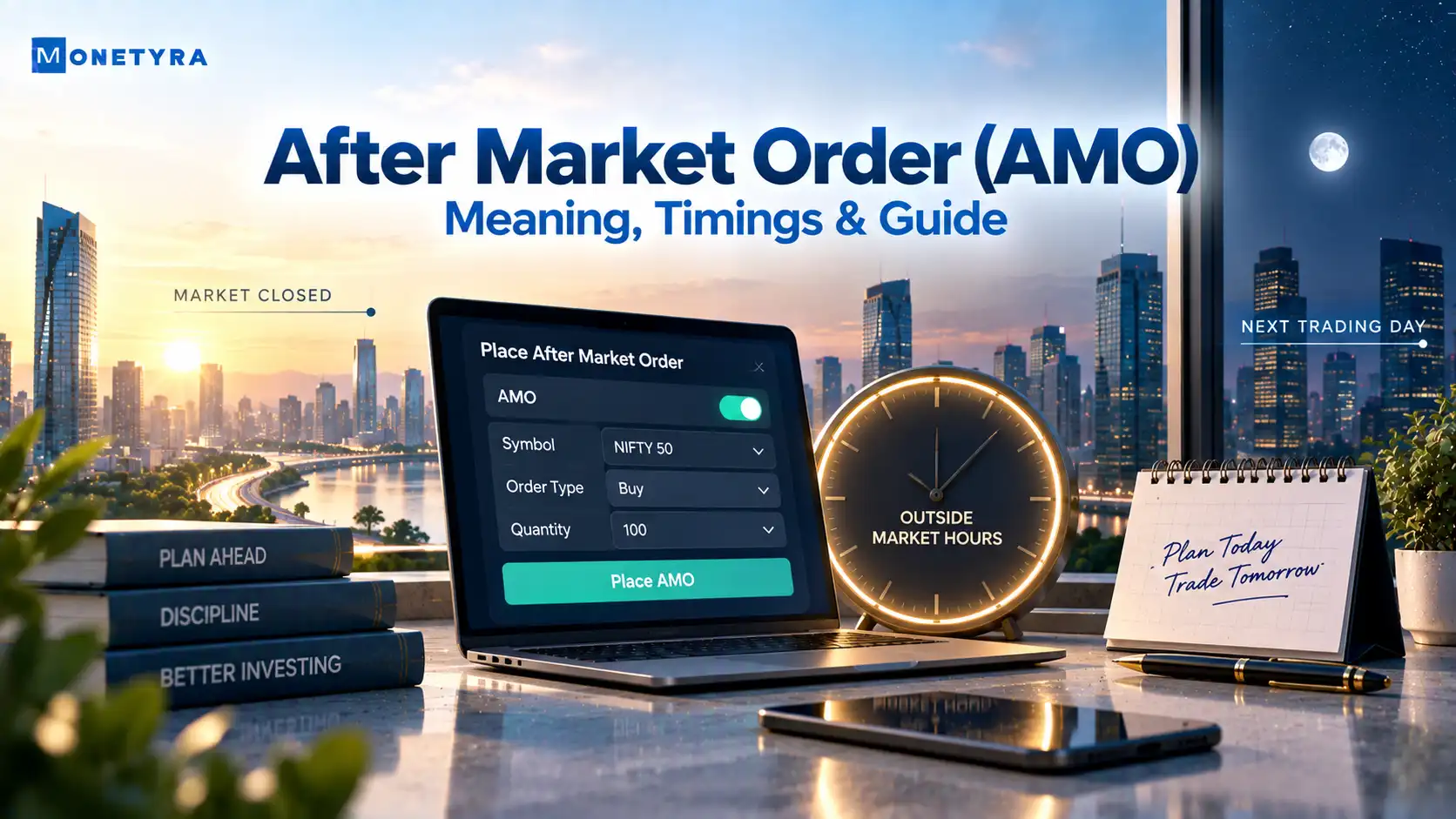 Conceptual illustration showing how After Market Orders (AMO) are queued overnight in stock trading.