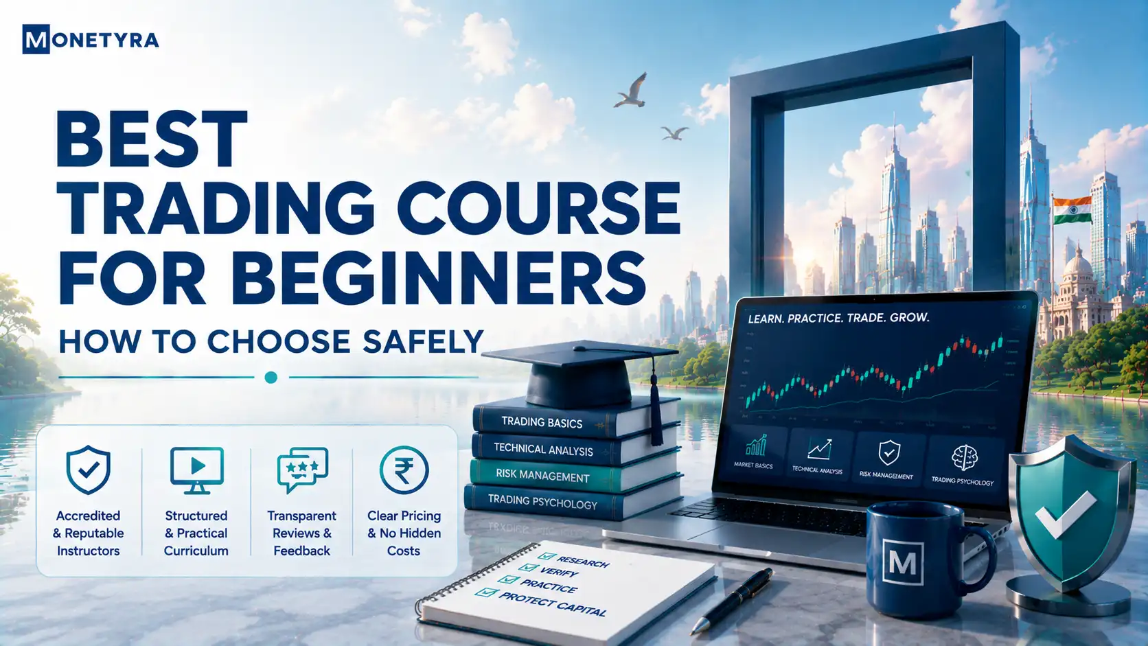 Student researching how to choose the best trading course for beginners in India.