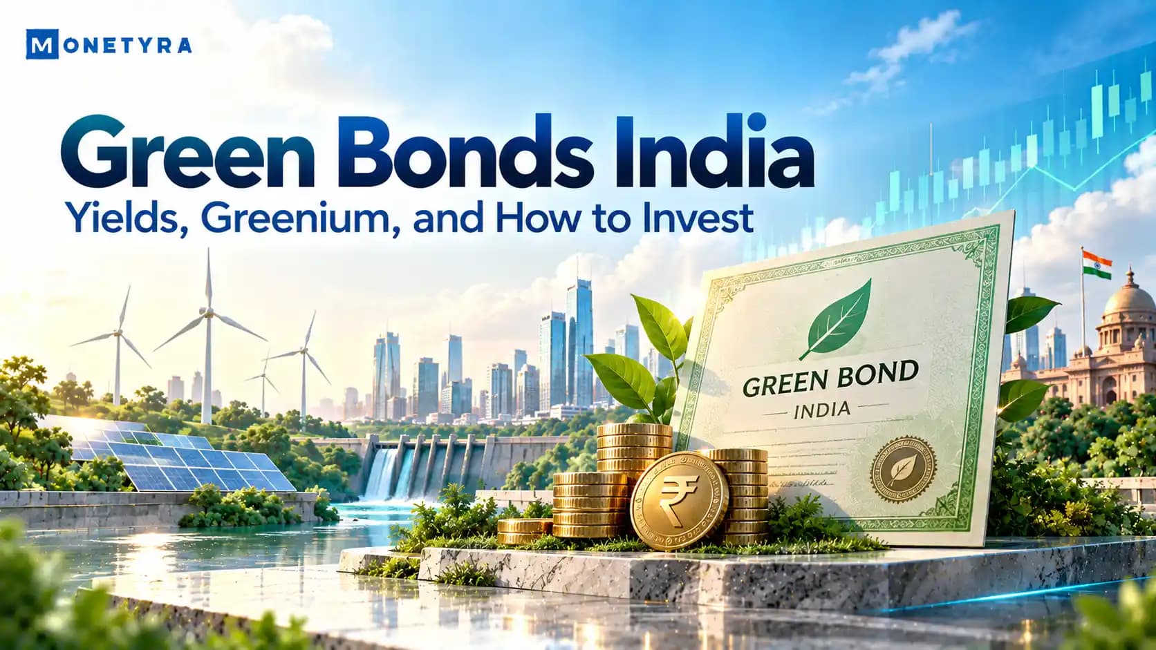 Sustainable green bonds infrastructure in India featuring solar panels and financial growth metrics.