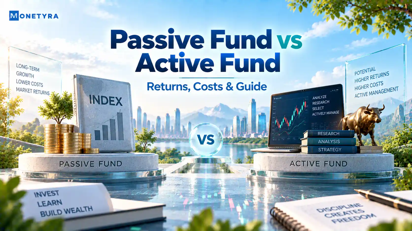 Conceptual illustration comparing passive fund vs active fund management styles.