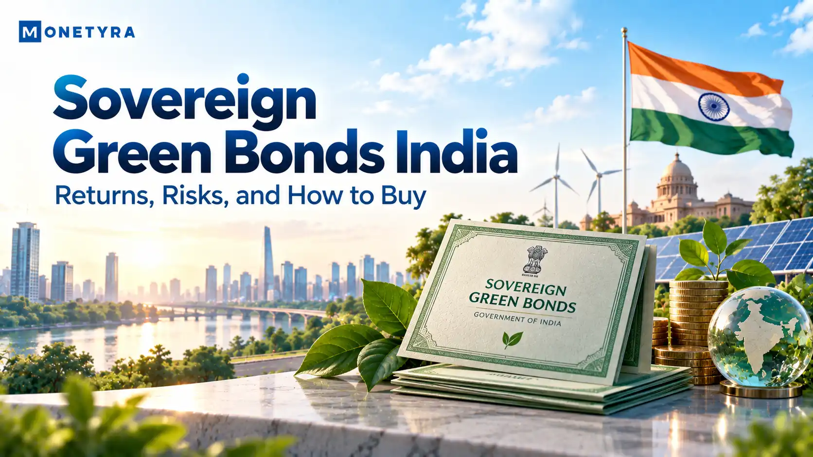 Sovereign green bonds India illustration showing RBI government debt supporting clean energy projects.