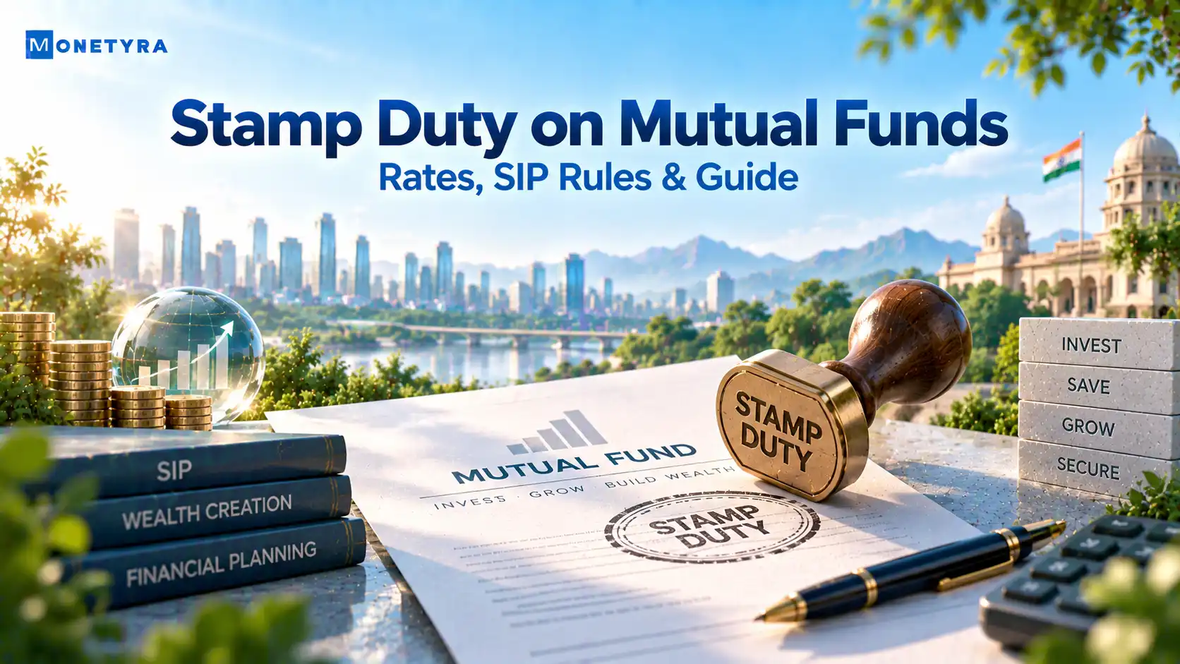 Conceptual illustration showing stamp duty calculation on mutual fund investments.