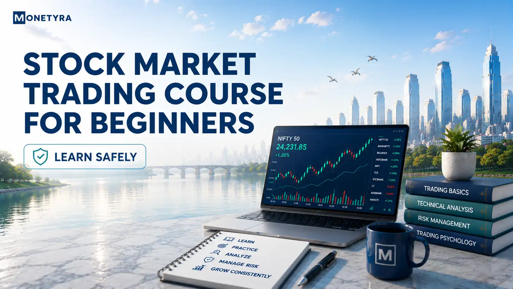 Student reviewing a stock market trading course for beginners on a laptop in India.