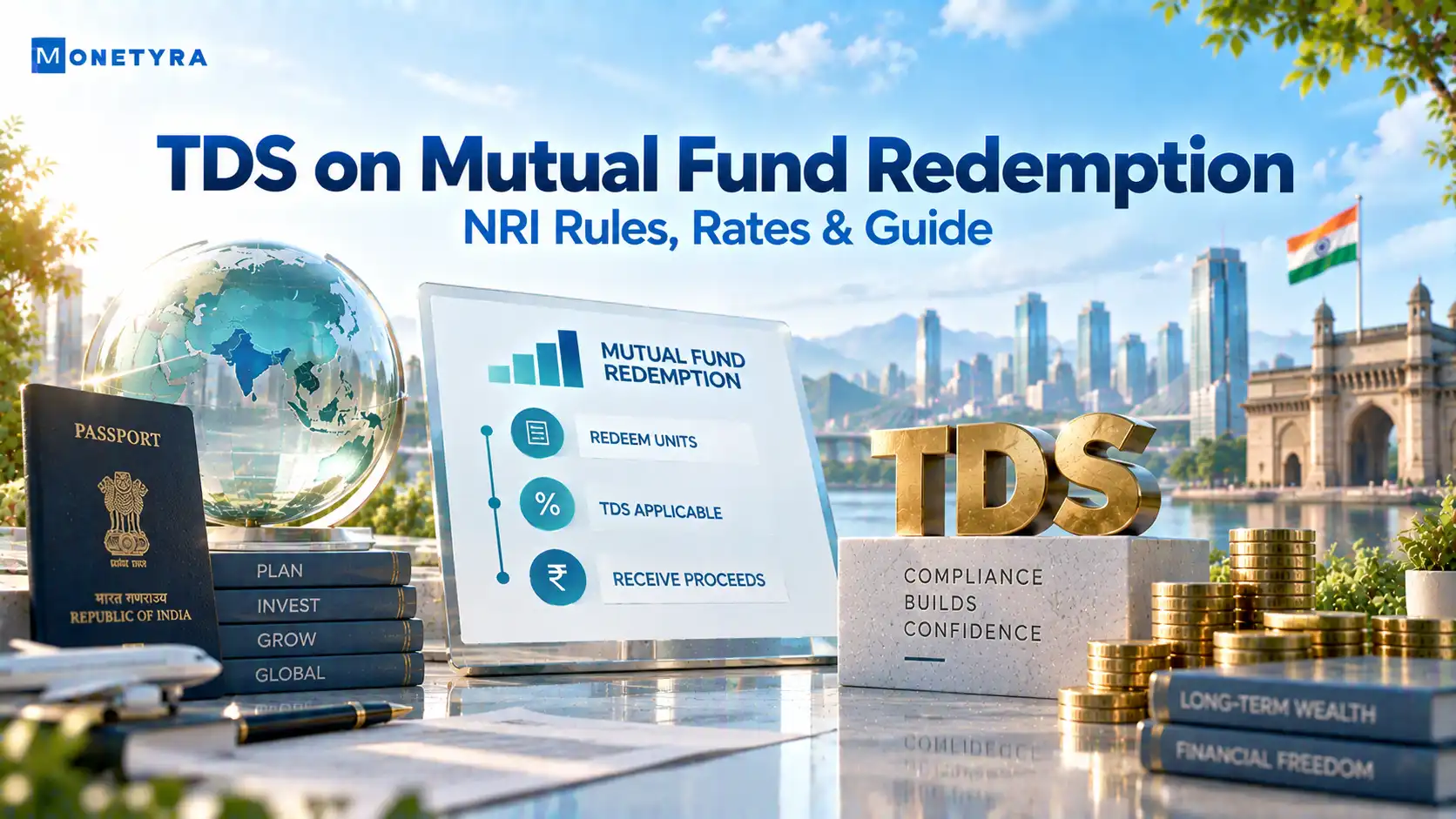 Conceptual illustration showing tax deducted at source mechanics on mutual fund redemptions.