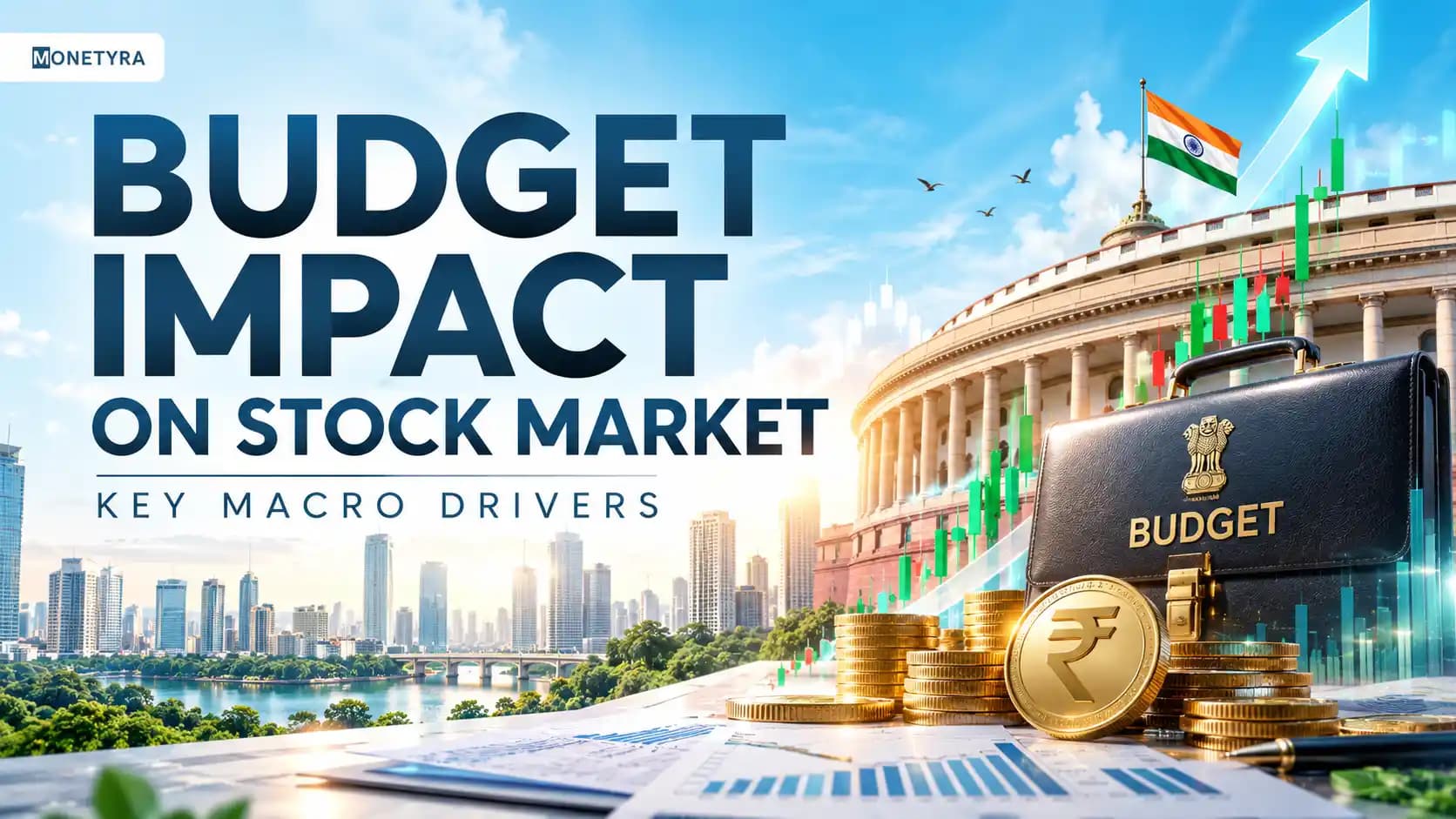 Illustration of budget impact on stock market and financial indices in India.