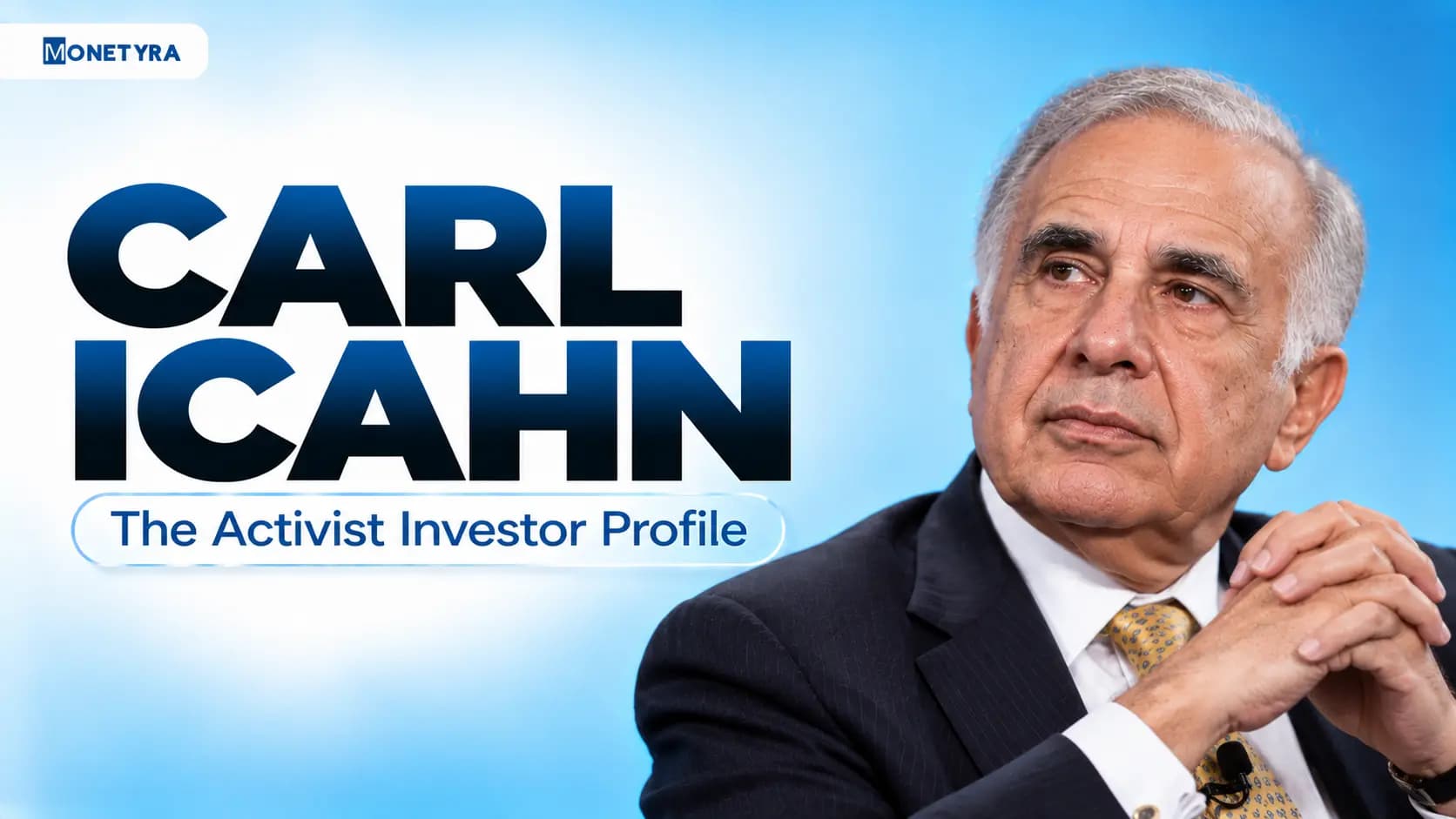 Profile illustration of activist investor Carl Icahn against financial market charts