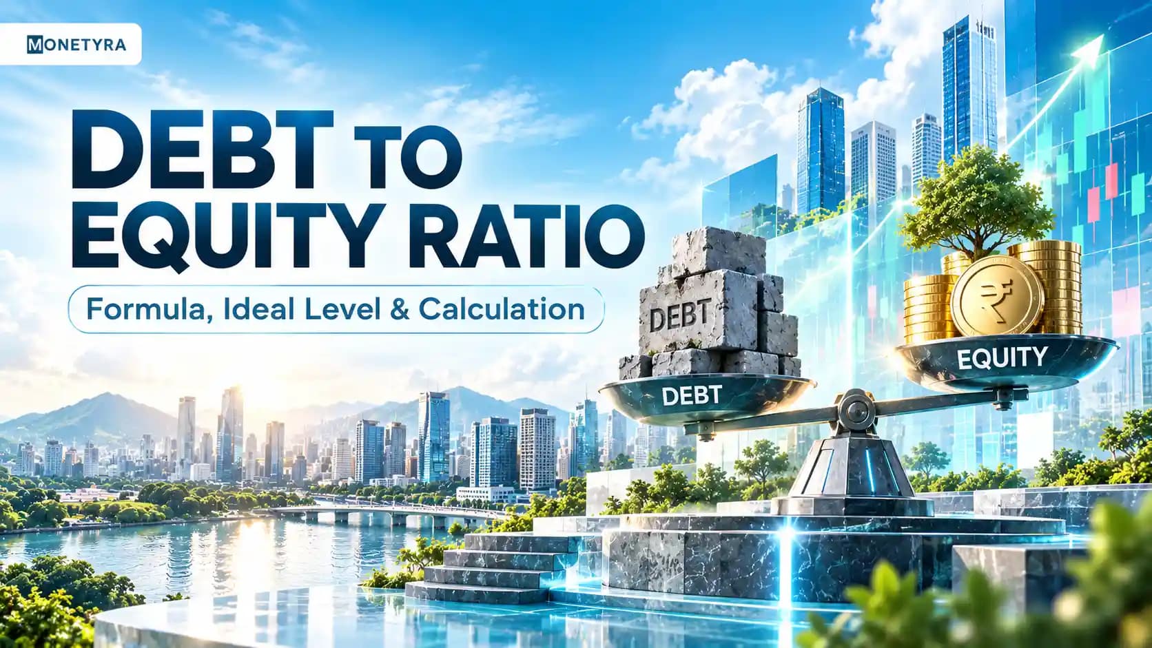 Illustration of balance sheet scales balancing debt liabilities and shareholders equity.