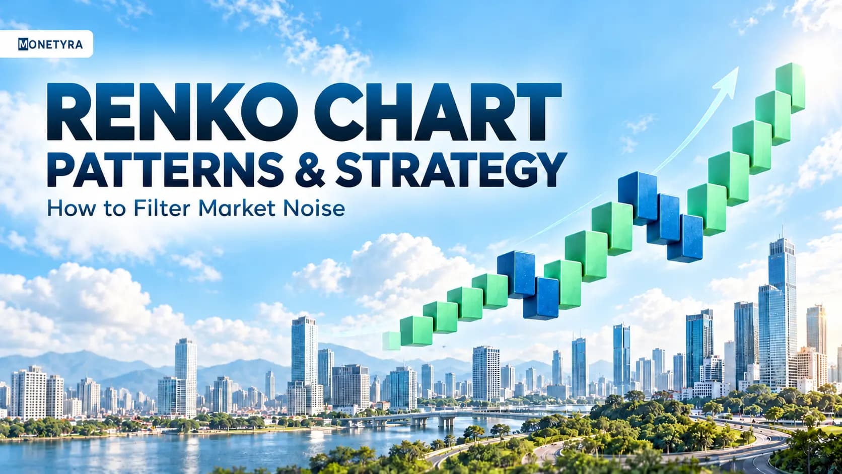 Clean Renko chart displaying green and red price bricks filtering market noise.