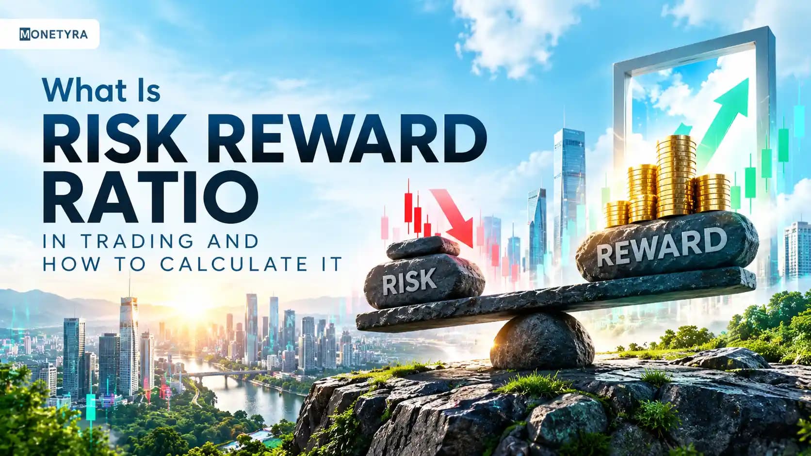Risk reward ratio in trading illustration showing a balanced scale with risk and reward icons on a light background.